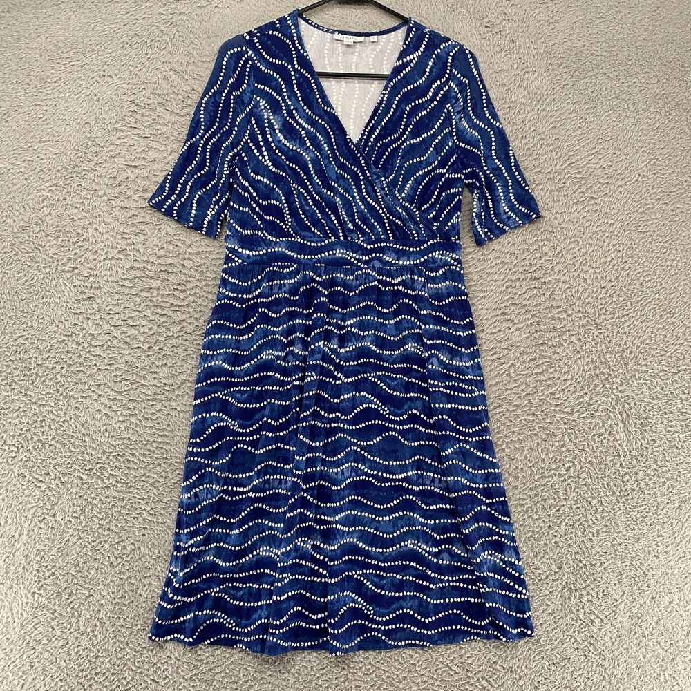 Chico's Dress Womens S Blue Batik Jersey Fit Flare Faux Wrap Pockets Knee Length